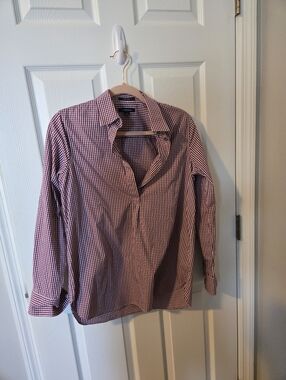 Landsend No Iron 6 Half Button-Down Gingham Shirt in Burgundy and White